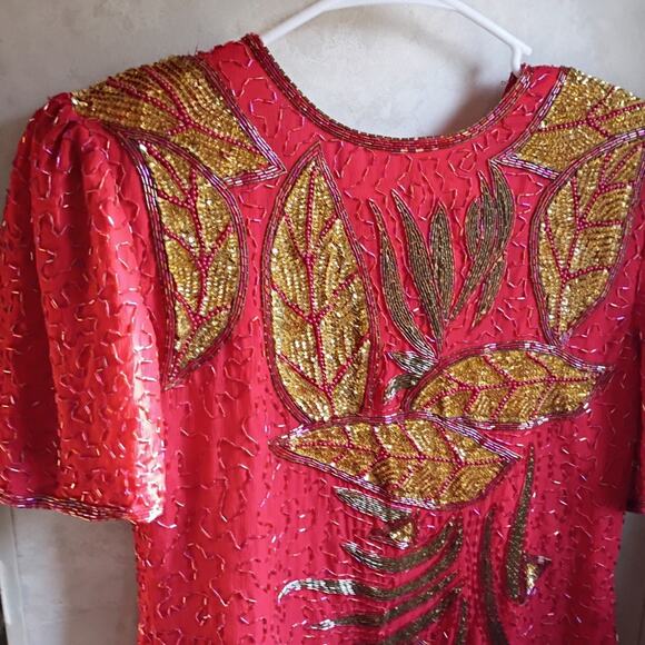 Vntg silk beaded red gold india dress eve’s allure 80s 90s glam holiday xl ml - Picture 2 of 15